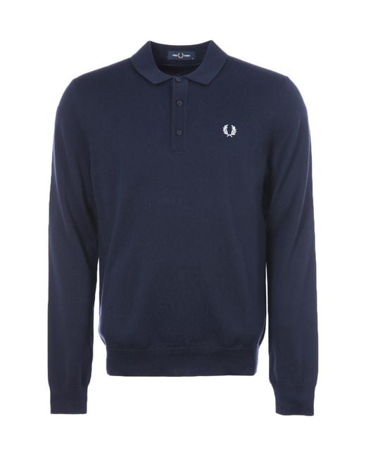 Fred Perry Blue Classic Knitted Long Sleeve Polo Shirt for men