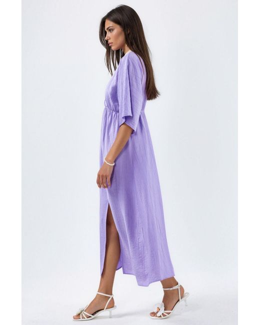 Busem Purple V-Neck Midi Wrap Dress With Three Quarter Sleeves