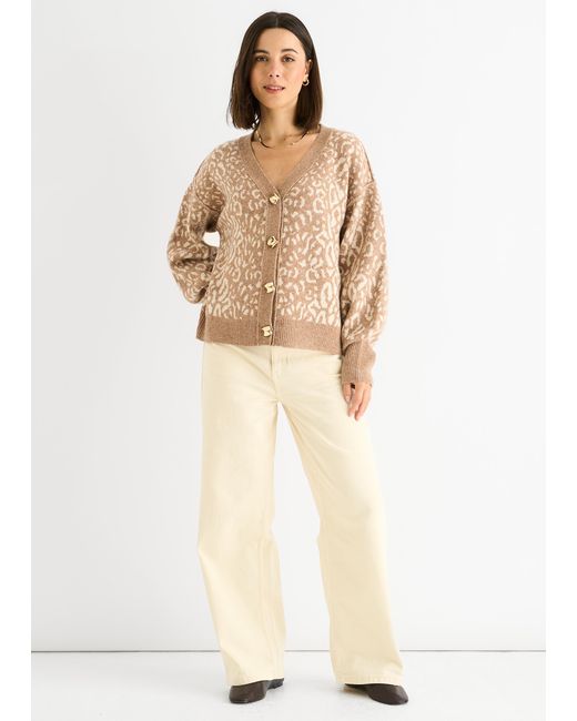 Gini London Natural Animal Print Wool Mix Cardigan Look Jumper