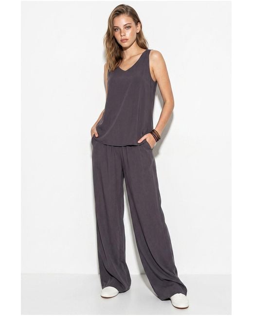 Bianco Lucci Blue V-Neck Cotton Blouse-Pants Two-Piece Set