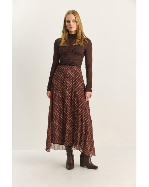 Bianco Lucci Brown High Waist Maxi Chiffon Plaid Skirt