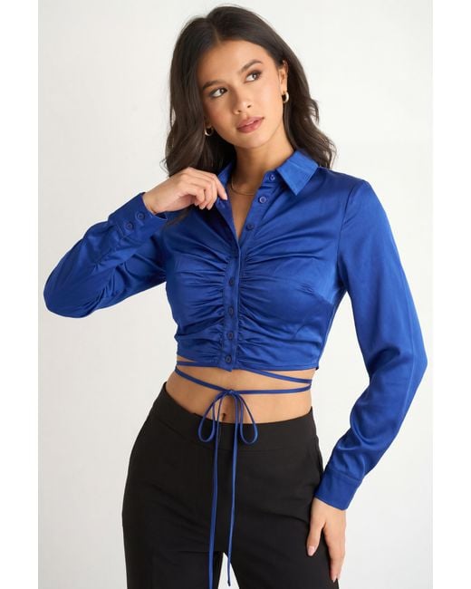 Gini London Blue Cropped Button Detail Shirt
