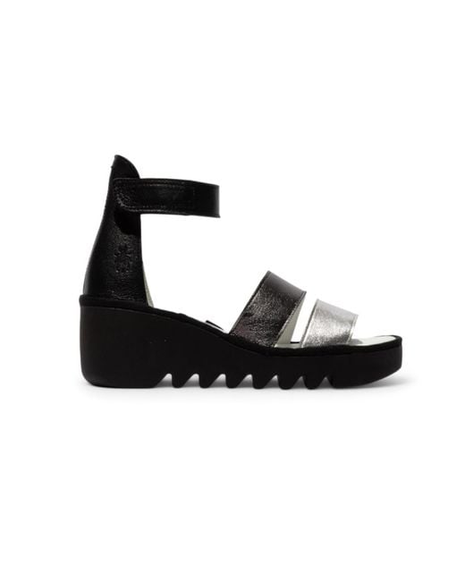 Fly London Black Bono290 Idra Leather Sandals Espadrille Wedges