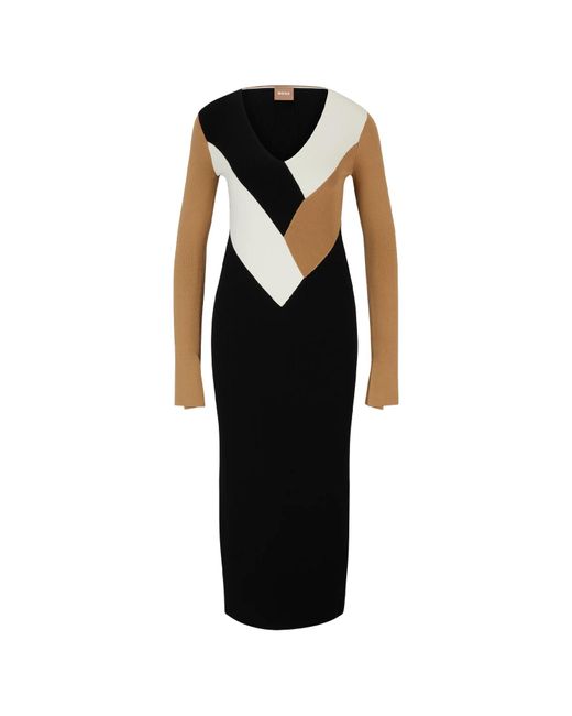 Boss Florency Geribbelde Midi-jurk Met Lange Mouwen (zwart/wit/beige) in het Black