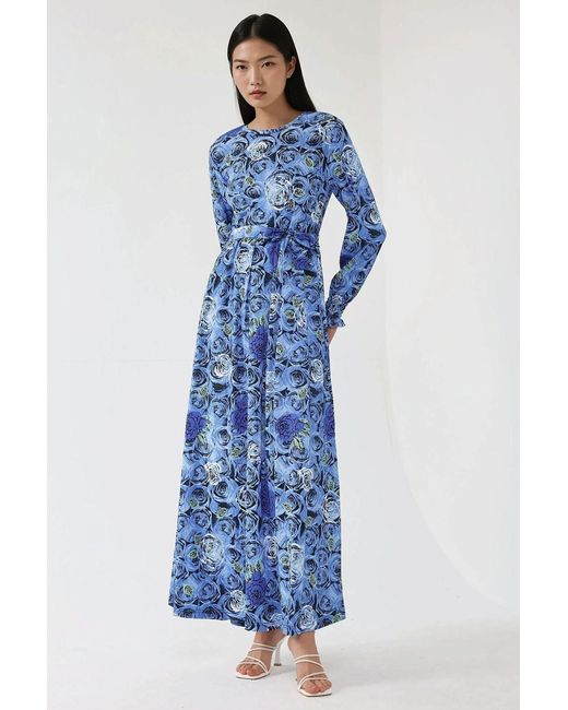Hiccup Blue Floral Print Long Sleeve Maxi Dress With Belt
