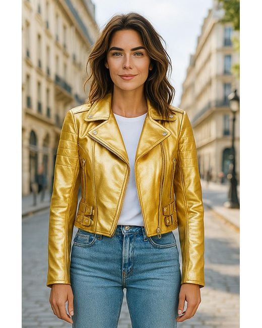 Infinity Leather Metallic Golden Cropped Brando Biker Jacket-Durban