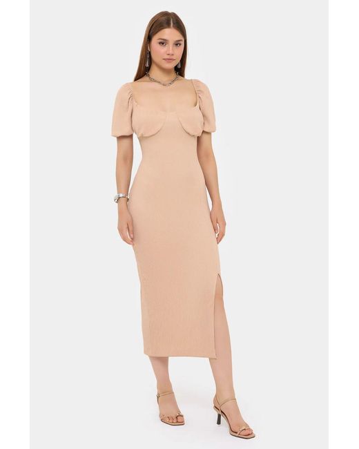Hiccup Natural Sweetheart Neck Puff Sleeve Midi Dress With Side Slit