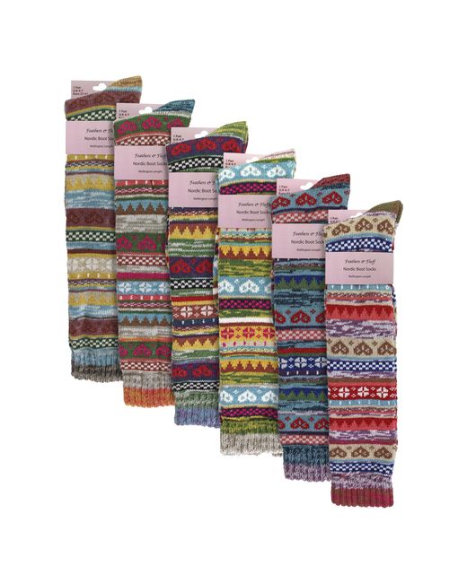 Sock Snob Blue 6 Pairs Ladies Knee High Nordic Patterns Socks