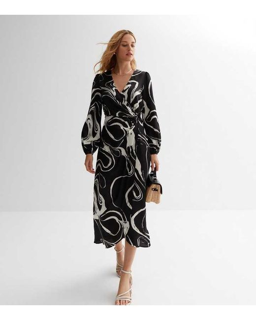 Gini London Black Swirl Print Ring-Detail Wickel-Midi Kleid
