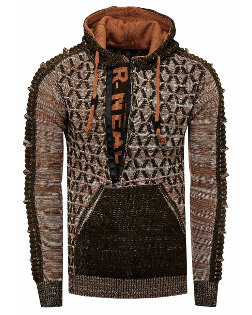 Rusty Neal 1/2 Zip Kontrast Grobstrick Kapuzen-Pullover in Brown für Herren
