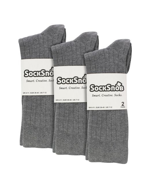 Sock Snob Gray 6 Pairs Plain Coloured Cotton Rich Ribbed Dress Socks for men