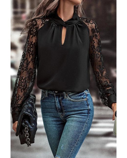 Azura Exchange Black Schwarze Keyhole-Ausschnitt Blumen-Spitzen Raglan-Ärmels Bluse