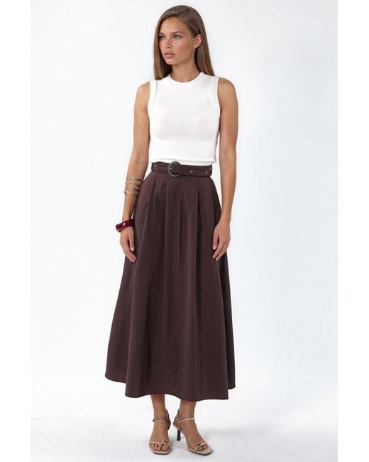 Busem White Belted A-Line Midi Dress With Crew Neck