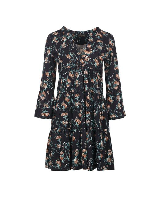 Conquista Black Floral A Line Dress With Bell Sleeves