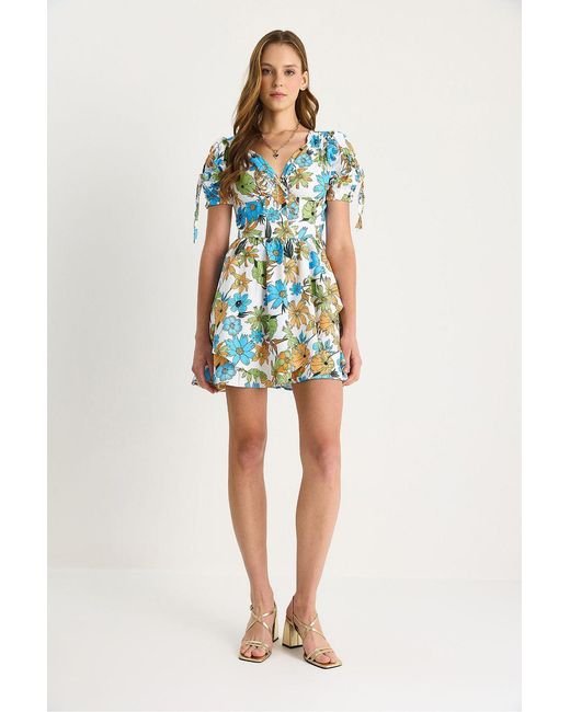 Bianco Lucci Blue Printed V-Neck Cut Out Midi Dress
