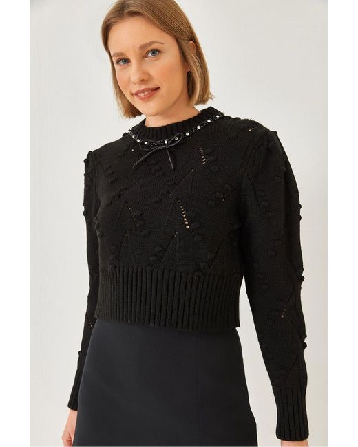 Bianco Lucci Black Textured Embroidered Crew Neck Fitted Crop Sweater