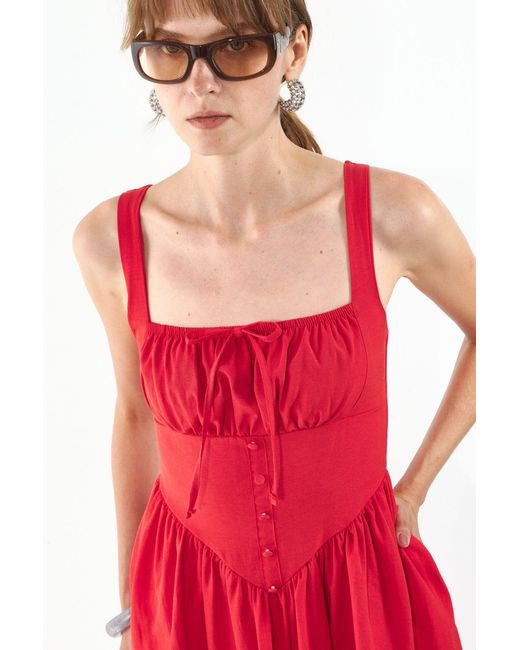 Busem Red Midi Dress With Square Collar And Button Detail