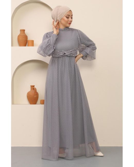 Moda Mihram Gray Kleidinci Detailliertes Tüllabendkleid