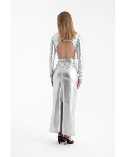 Hiccup White Metallic V Neck Cut Out Long Sleeve Maxi Dress