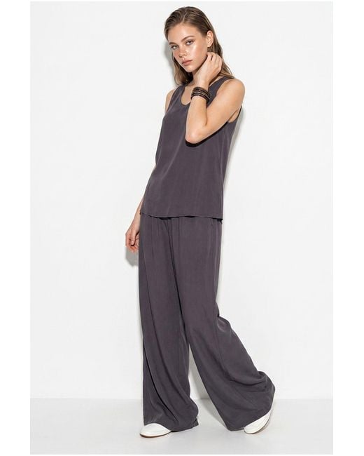 Bianco Lucci Blue V-Neck Cotton Blouse-Pants Two-Piece Set