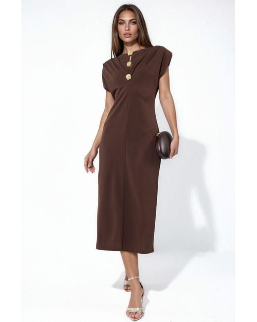 Busem Brown Slim Fit Midi Dress With Accessory Detail