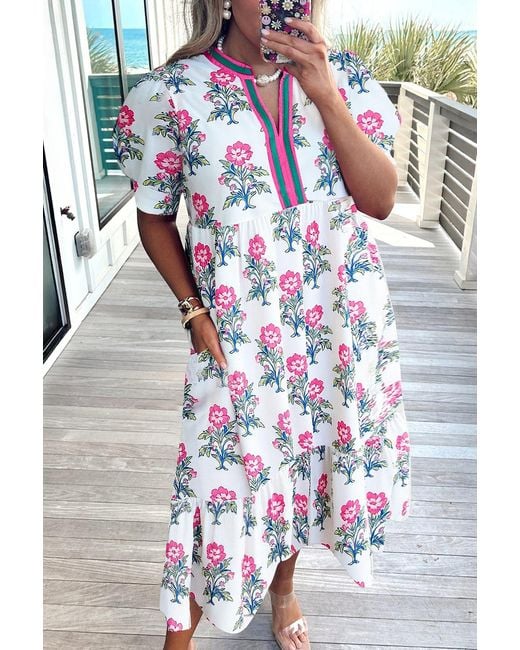 Azura Exchange Bloemenprint Gelaagde Midi-jurk in het White