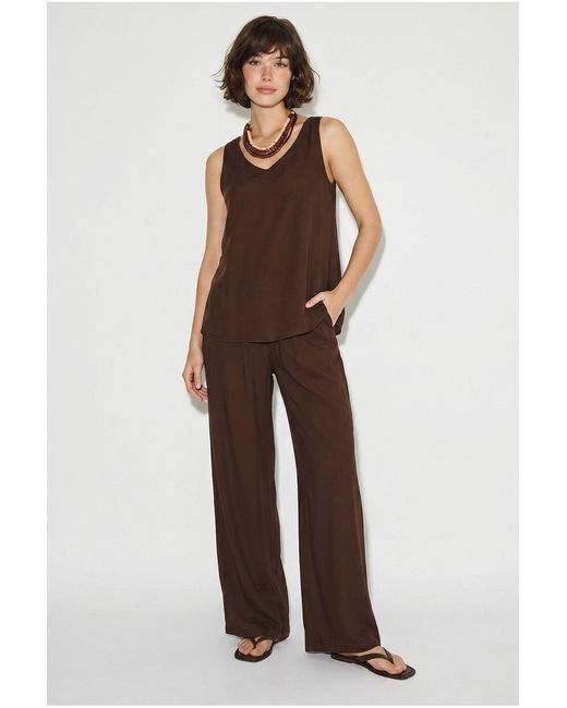 Bianco Lucci Brown V-Neck Cotton Blouse-Pants Two-Piece Set