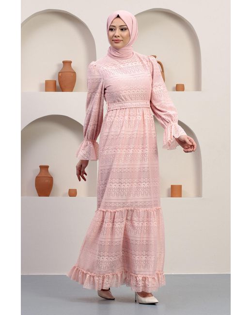 Moda Mihram Pink Elbiseinci Detailliertes Spitzenabendkleid