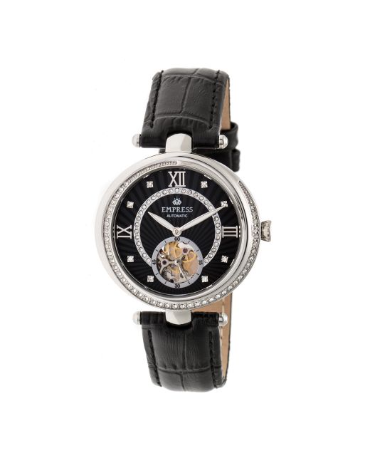 Empress Black Stella Automatic Semi-Skeleton Mop Leather-Band Watch