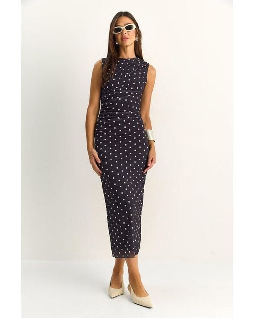 Bianco Lucci Blue Polka Dot Bodycon Midi Dress