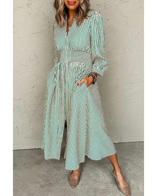 Azura Exchange Gestreepte Katoenen Casual Jurk in het Green