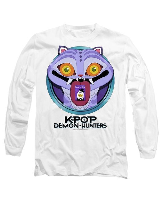 K-Pop Demon Hunters White Adult Save The Date Derpy Tiger Cartoon Long-Sleeved T-Shirt