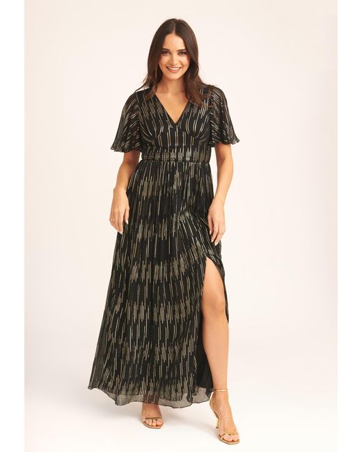 Gini London Black Stripe Foil Angel Sleeves Maxi Dress