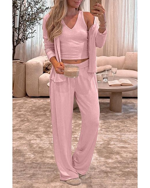 Azura Exchange 3-delige Geribbelde Pyjama Set in het Pink