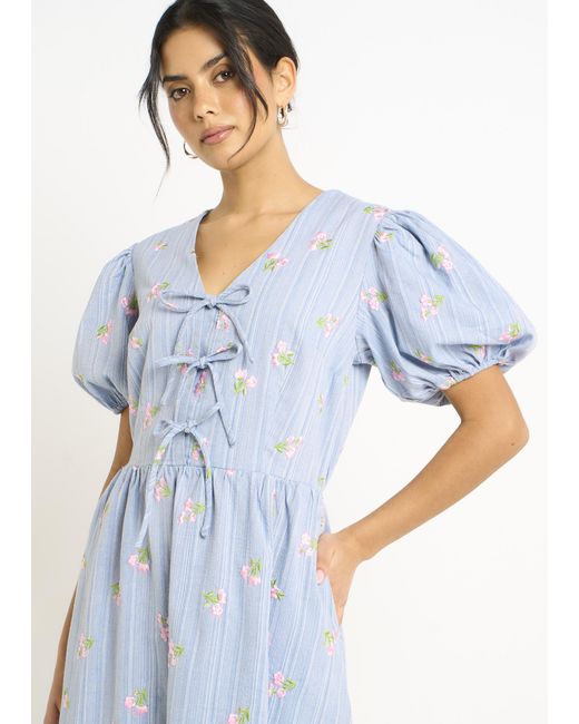 Gini London Blue Cotton Mix Tie Detail Puff Sleeves Midi Dress