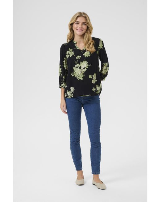Kaffe Blouse Met Lange Mouwen Regular Fit Black / Green Flower Print Floral in het Blue
