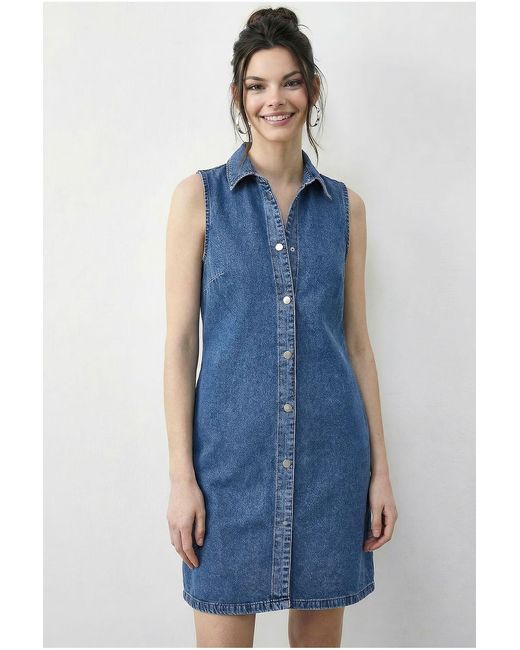 Bianco Lucci Blue Mini Denim Dress With Shirt Collar And Pocket