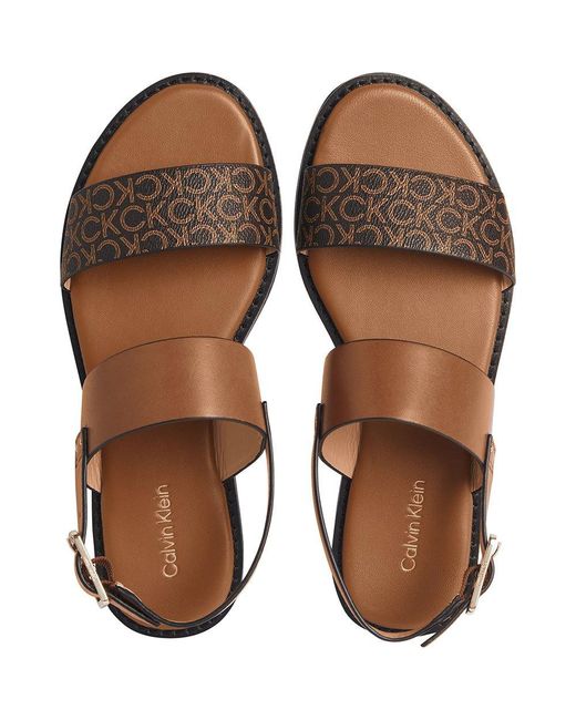 Calvin Klein Leather Almond Flat Mono Mix Sandals in Brown | Lyst