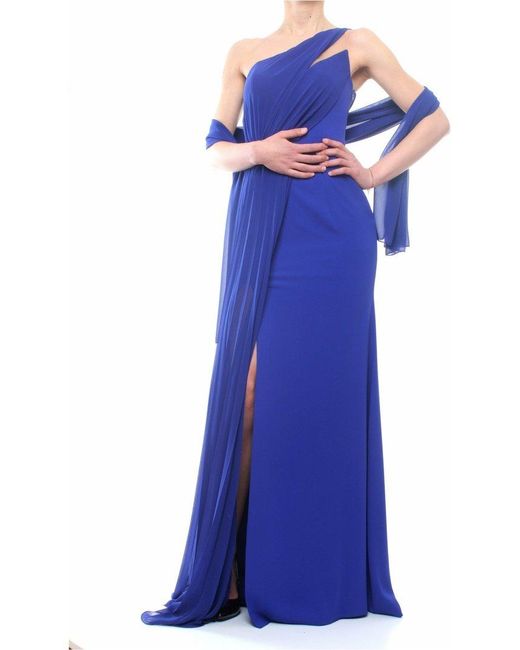 Fabiana Ferri Blue Fabianaferri 30634 One-Shoulder Long Dress With Pleated Drape And Slit