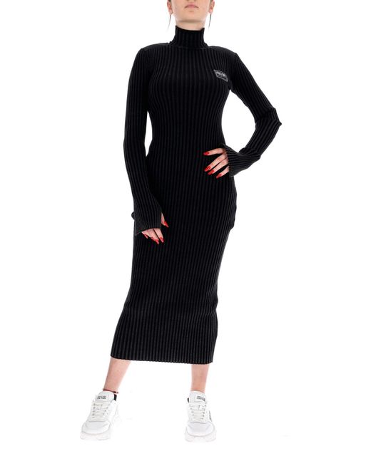 Versace Black 73Haom11-Cm16N Ribbed High Neck And Long Sleeve Midi Dress