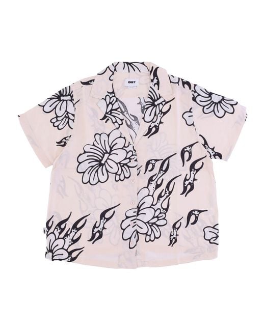 Obey Damesshirt Met Korte Mouwen Flamin' Flowers-Shirt Gebroken Wit in het Pink