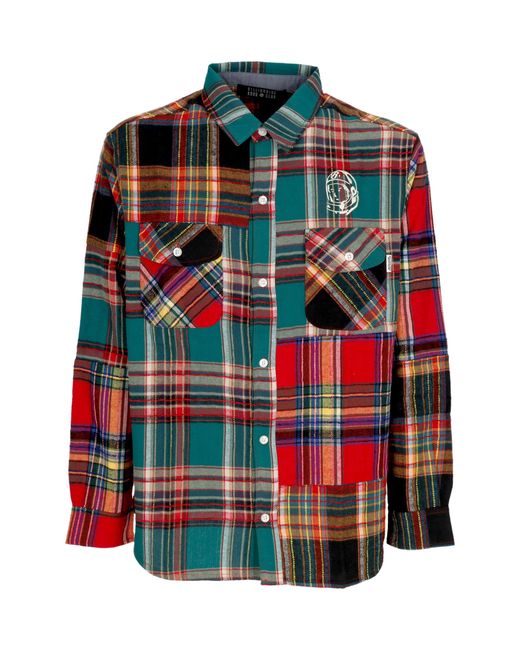 Camisa Long Sleeve Patchwork Check Camisa BBCICECREAM de hombre de color Red