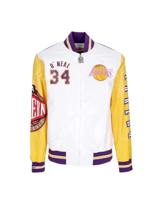 Mitchell &amp; Ness Blue Bomber Jacket Nba Burst Warm Up Jacket No 34 Shaquille O'Neal Loslak for men