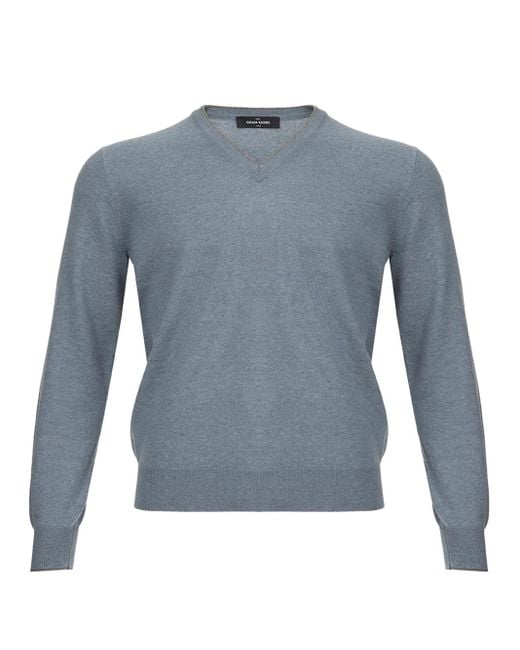 Gran Sasso Blue Cashmere V-Neck Sweater for men