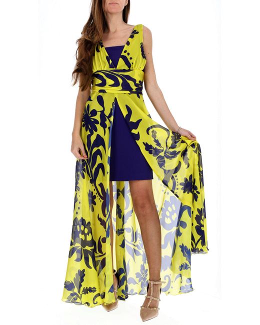 Éclà Multicolor Kleid Mit Blumenmuster Und Doppeltem Rock Gelb
