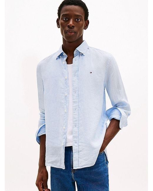Tommy Hilfiger Blue Shirts Mw0Mw34602 Dyed Linen C10 Breezy for men