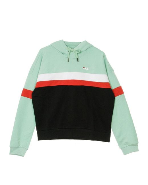 Fila Green Ella Damen-Sweatshirt Mit Kapuze, Kurz Geschnitten, Leicht, Nebelgrun/Schwarz/Hellweib/Echtes Rot