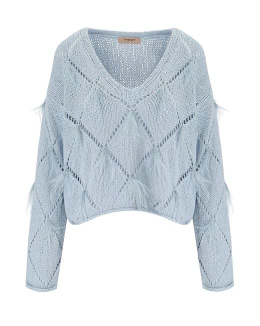 Twin Set Blue Sweater With Feathers