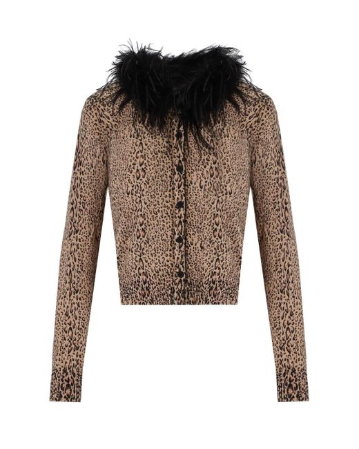 Twin Set Brown Animal Print Cardigan With Feathers