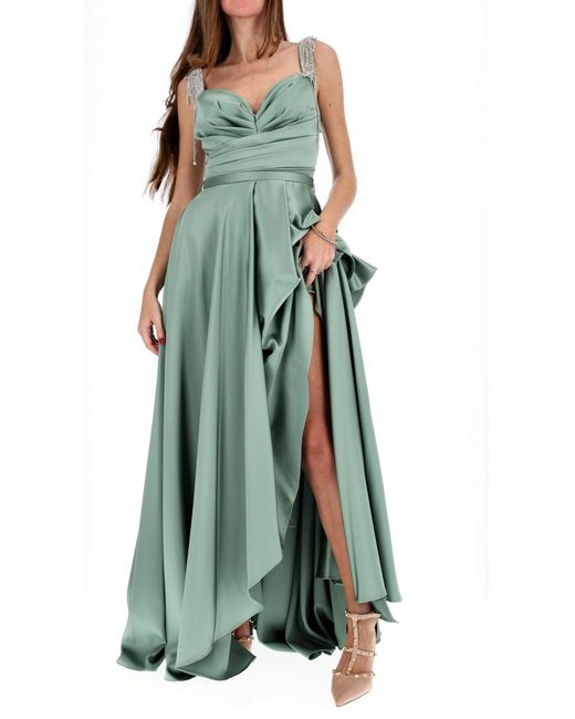 Fabiana Ferri Green Long Dress With Rhinestones And Slit
